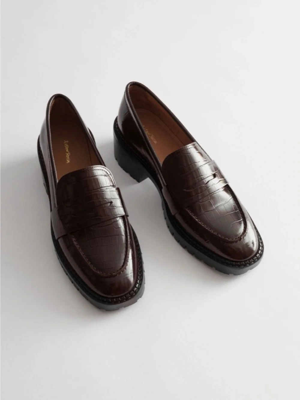 &‎ Other Stories Croc Embossed Block Heel Loafers in Dark Brown Size 10.5 - Picture 11 of 11